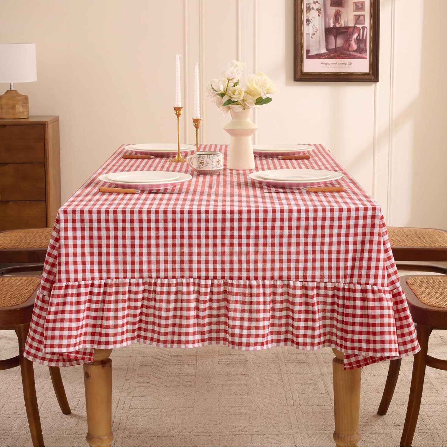Detalle de Romanstile Gingham Ruffled Tablecloth Rectangle - 60 x 120 Inch, Red