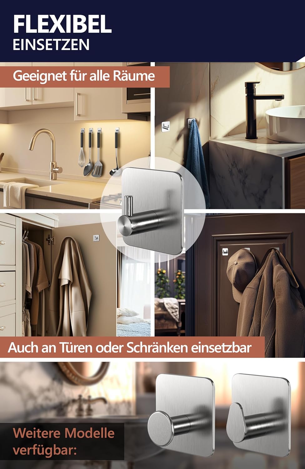 Thumbnail 5 de 4smile Handtuchhalter ohne Bohren – 6 Stück, Edelstahl, Klebehaken für Bad und Küche