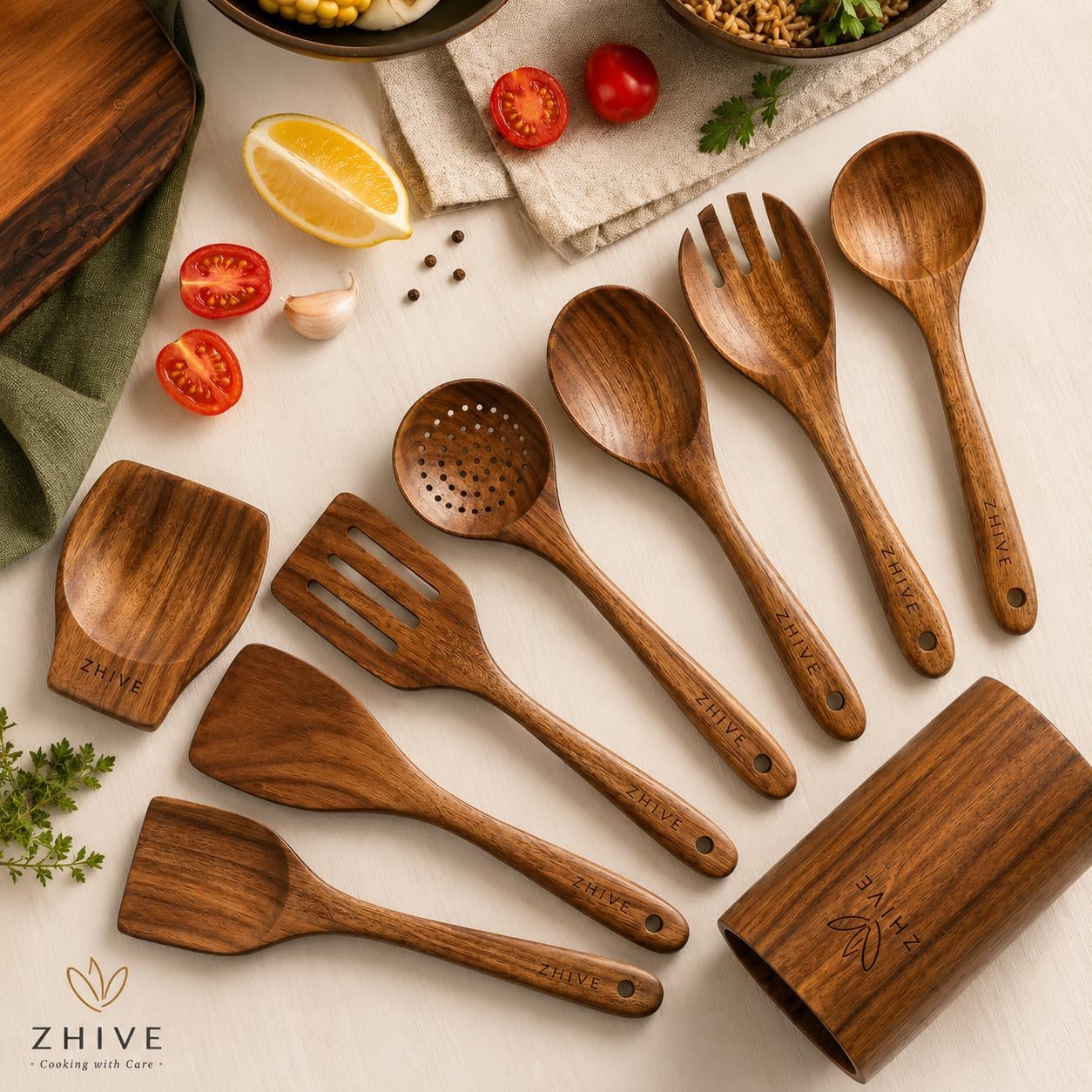 Detalle de ZHIVE Teak Wood Cooking Utensil Set