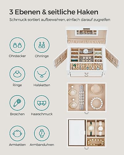 Detalle de SONGMICS Schmuckkästchen, 3 Ebenen, 2 Seitentüren, abschließbar – eleganter Organizer für Schmuck in Wolkenweiß