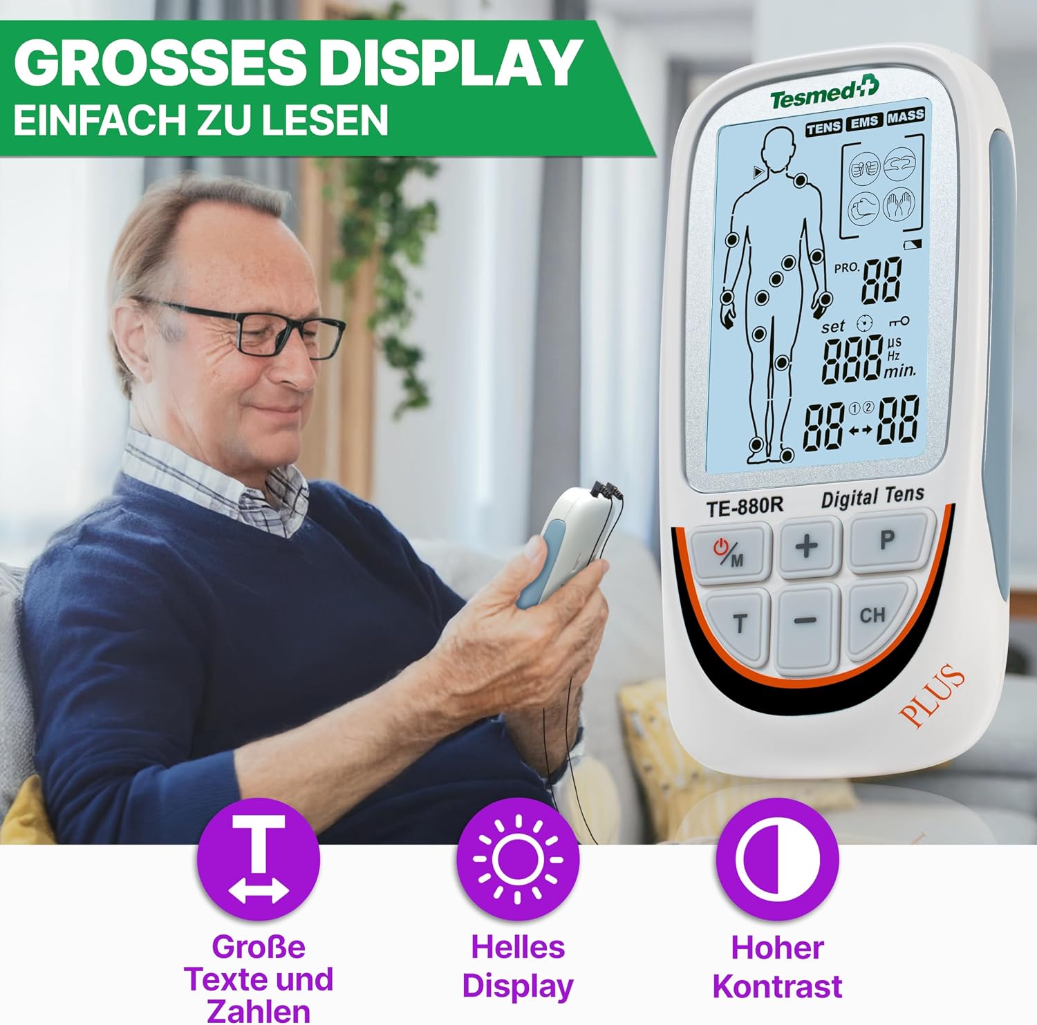 Thumbnail 6 de TESMED TE-880R Plus: Wiederaufladbarer TENS EMS Gerät mit 73 Programmen und 8 Elektroden