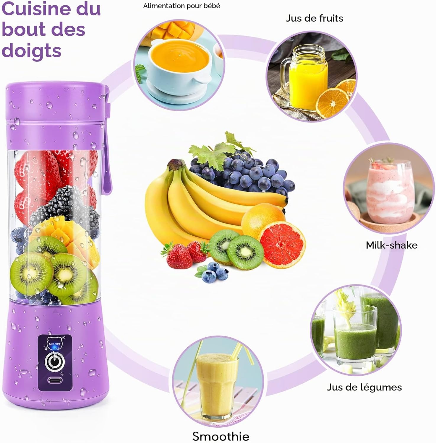 Detalle de MIAOKE GZJ-5 draagbare mini-blender, 6 messen en USB-oplaadbaar