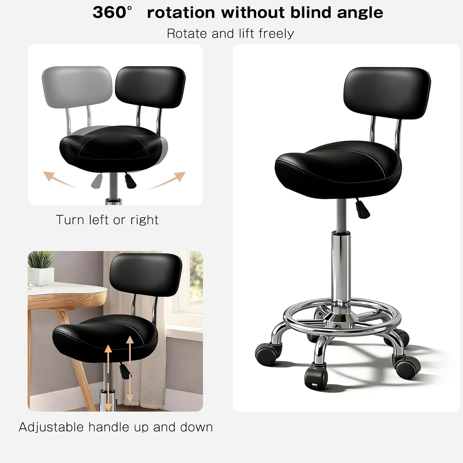 Detalle de Timbertouch MAYCAV5 Adjustable Saddle Stool, Swivel, Black PU Leather, Backrest