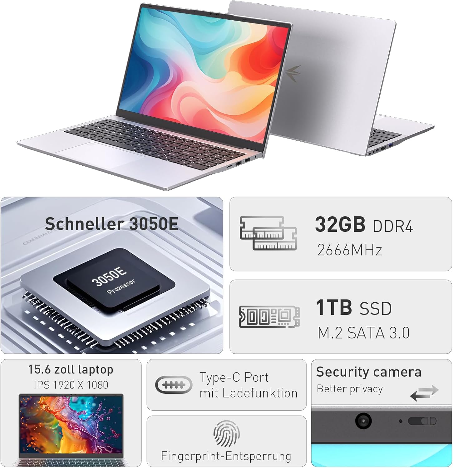 Detalle 2 de Auusda Laptop 15,6 Zoll – 32 GB RAM, 1 TB SSD, Fingerabdrucksensor, beleuchtete Tastatur
