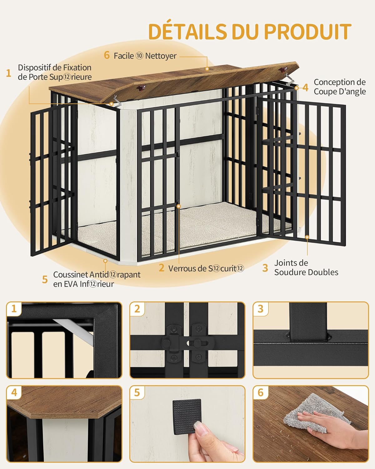 Thumbnail 6 de Hzuaneri Cage pour Chien en Bois Heavy Cage avec Porte d’alimentation supérieure et design multi-portes – 120 x 75 x 81 cm