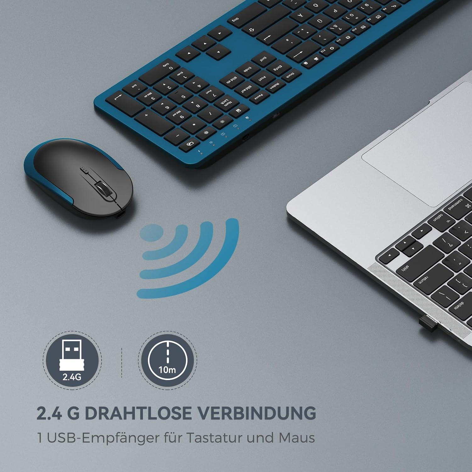 Detalle de seenda SK38-3 Tastatur-Maus-Set kabellos (QWERTZ, Schwarz/Blau) mit wiederaufladbarer Funk-Tastatur