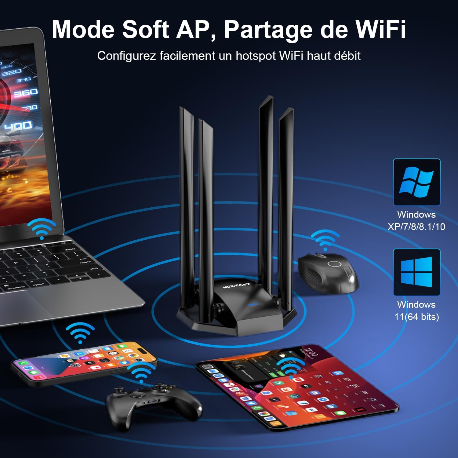 Detalle 2 de NEWFAST U329 Clé WiFi AC1300 Mbps pour PC – 4 antennes 6 dBi, MU-MIMO, USB 3.0