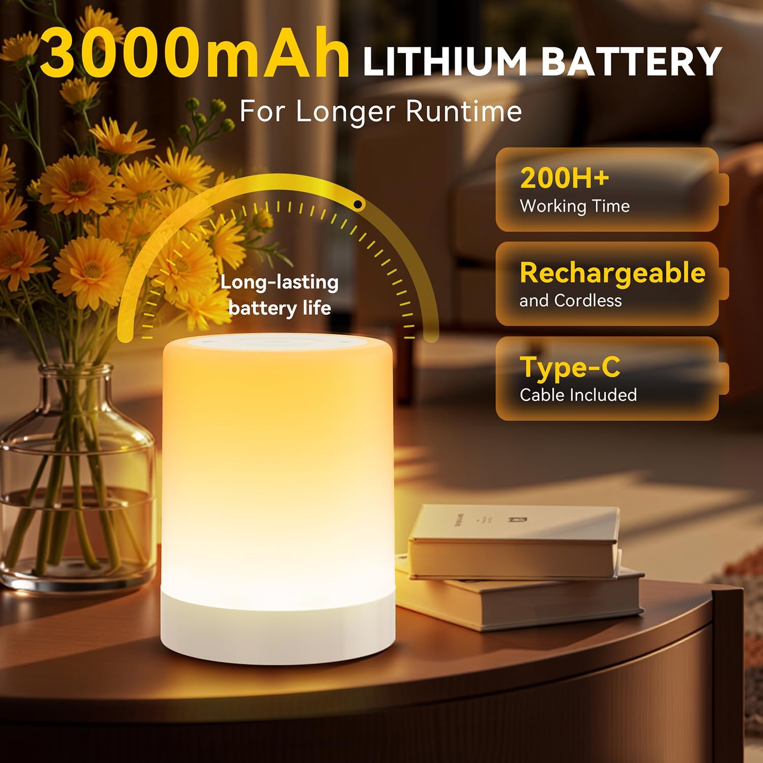 Detalle de Auxmir Night Light 3000mAh Rechargeable LED Table Lamp with Touch Control, RGB & Dimming (White)