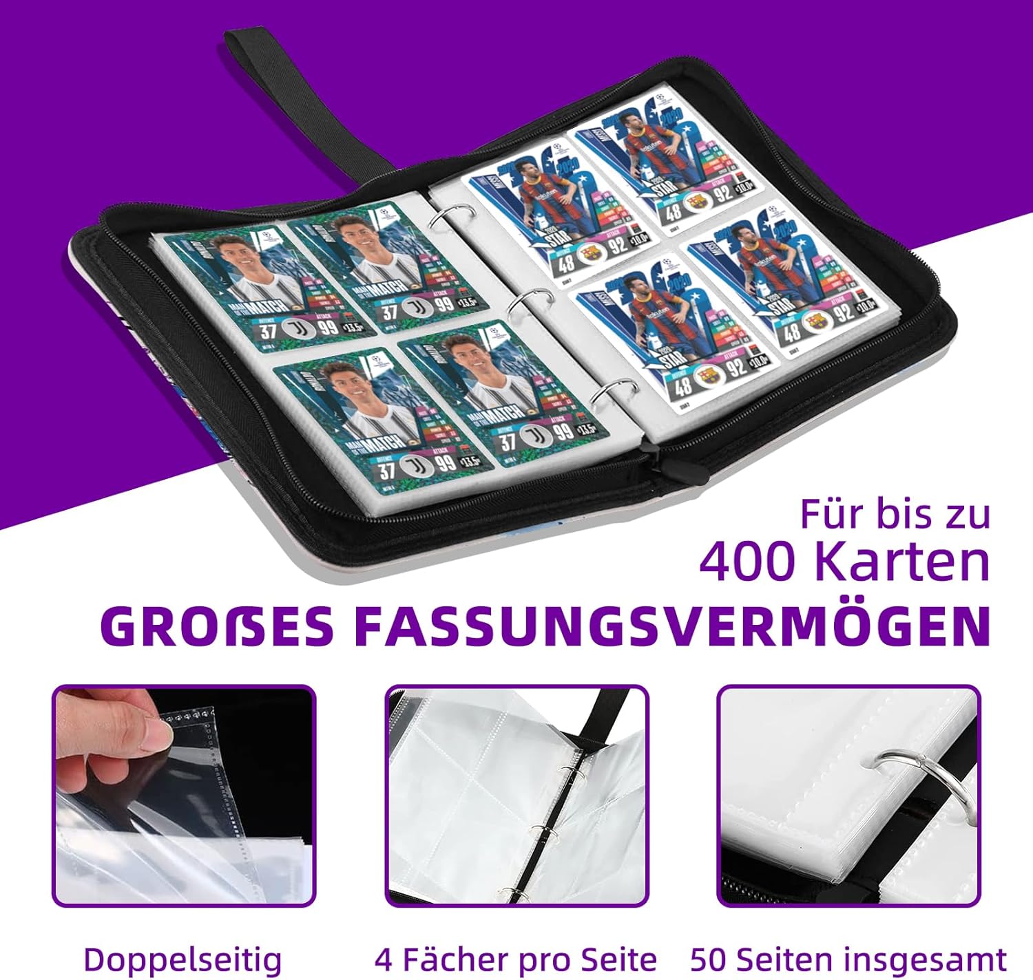 Detalle de Sammelalbum für Fußballkarten – 50 Seiten, 400 Karten Kapazität, PU-Leder, Reißverschluss