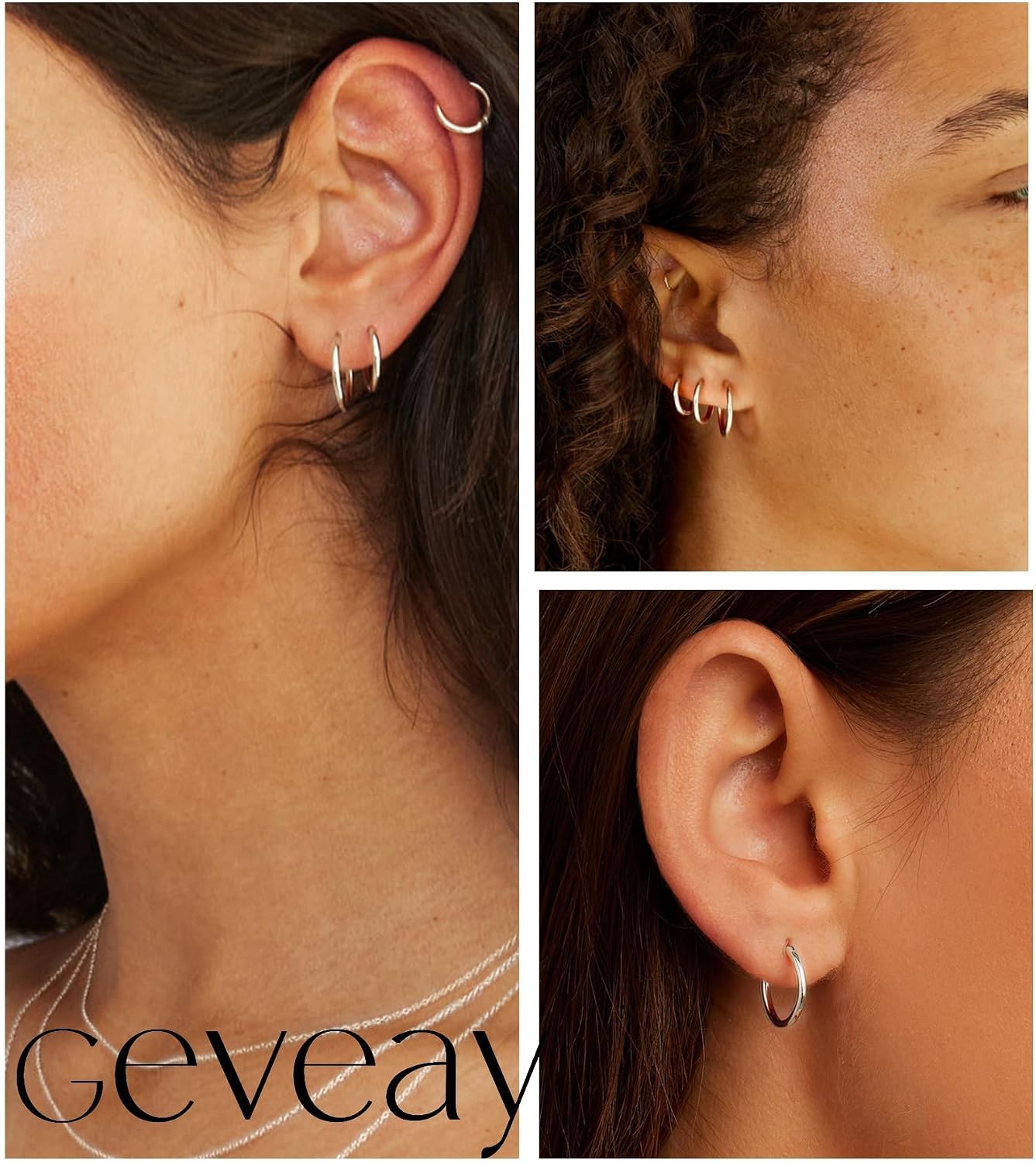 Detalle de Geveay sterling silver hoop earrings set for women (5 pairs) – small huggies, helix and cartilage sizes