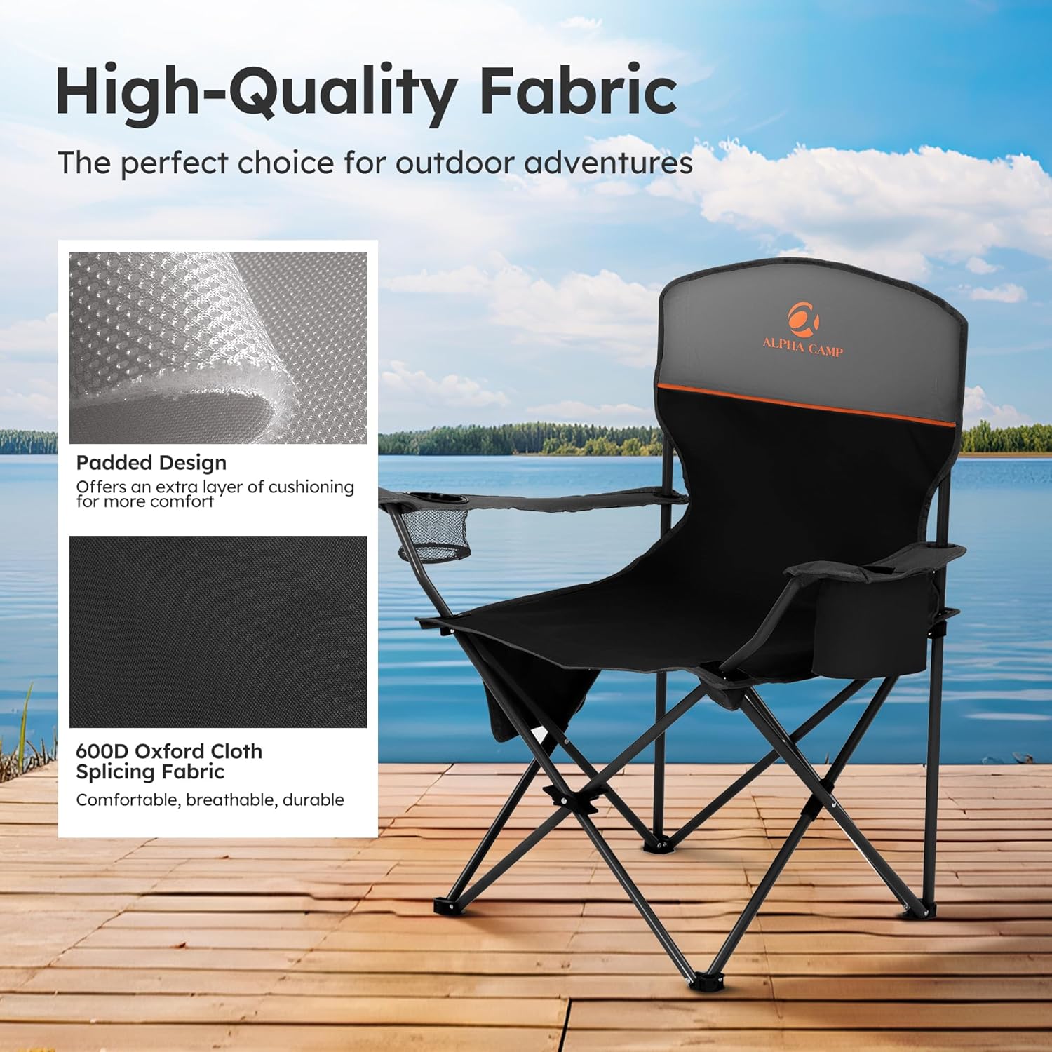 Thumbnail 5 de LET'S CAMP 2 Pack Folding Camping Chairs with 3-Can Cooler Bag (Black)