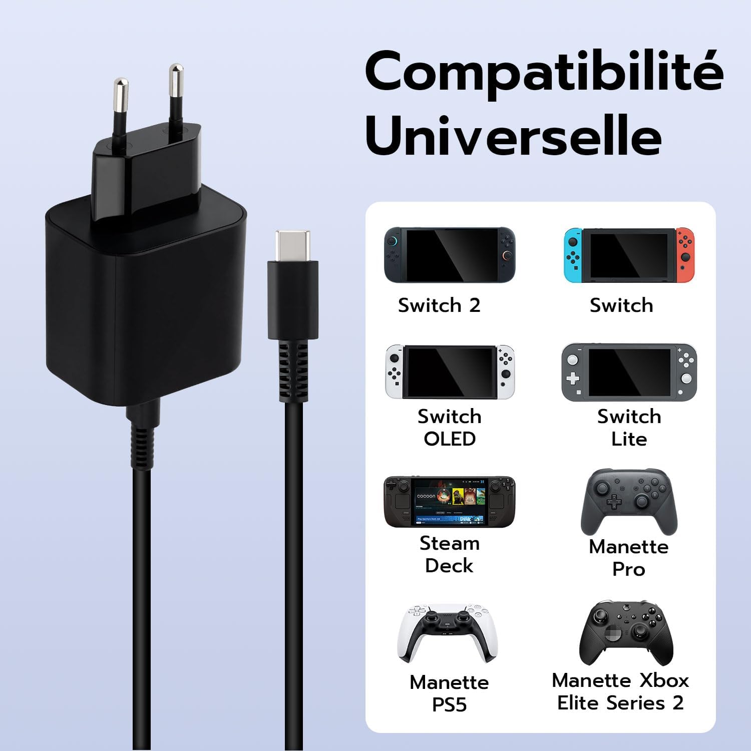 Thumbnail 1 de Mcbazel adaptateur secteur 60W USB-C pour Switch / Switch OLED / Switch Lite, Steam Deck et manettes Pro