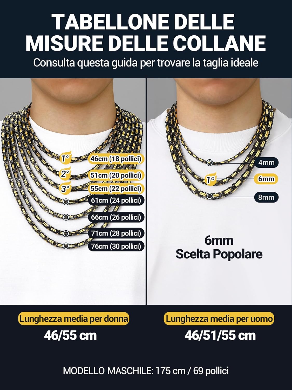 Thumbnail 4 de PROSTEEL Collana uomo Bizantina in acciaio con maglia intrecciata 4mm/6mm, finiture argento nero oro 18K e catena punk