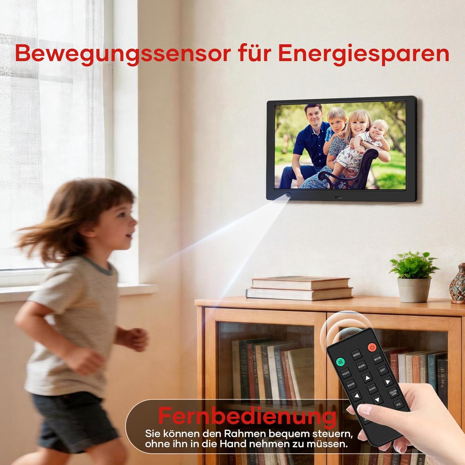 Detalle de Digitaler Bilderrahmen ohne WLAN 10,1 Zoll IPS – 32 GB USB-Stick, Bewegungssensor & Wandmontage