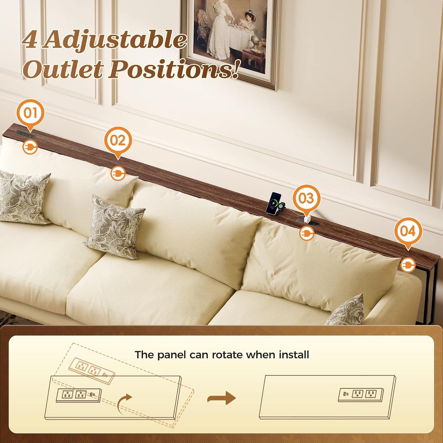 Thumbnail 5 de SUPERJARE 110.2 Inch Walnut Sofa Table with Built-in Power Outlets