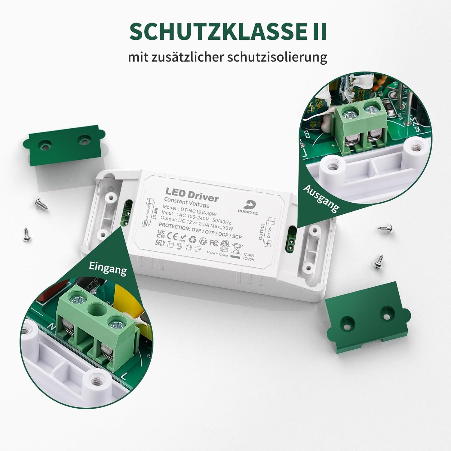 Detalle de DUSKTEC LED Netzteil 12V DC 30W (2,5A) 230V Eingang – LED Trafo Transformator