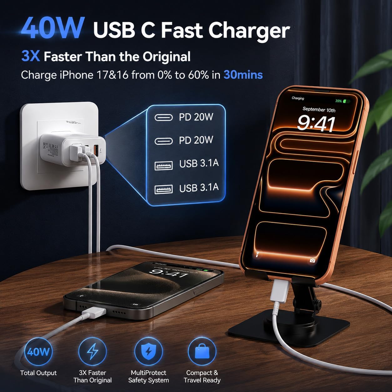 Detalle de Duloch USB-C Wall Fast Charger Block, 40W 4-Port (2x USB-C + 2x USB-A) — Multiport PD + QC 3.0 Charger