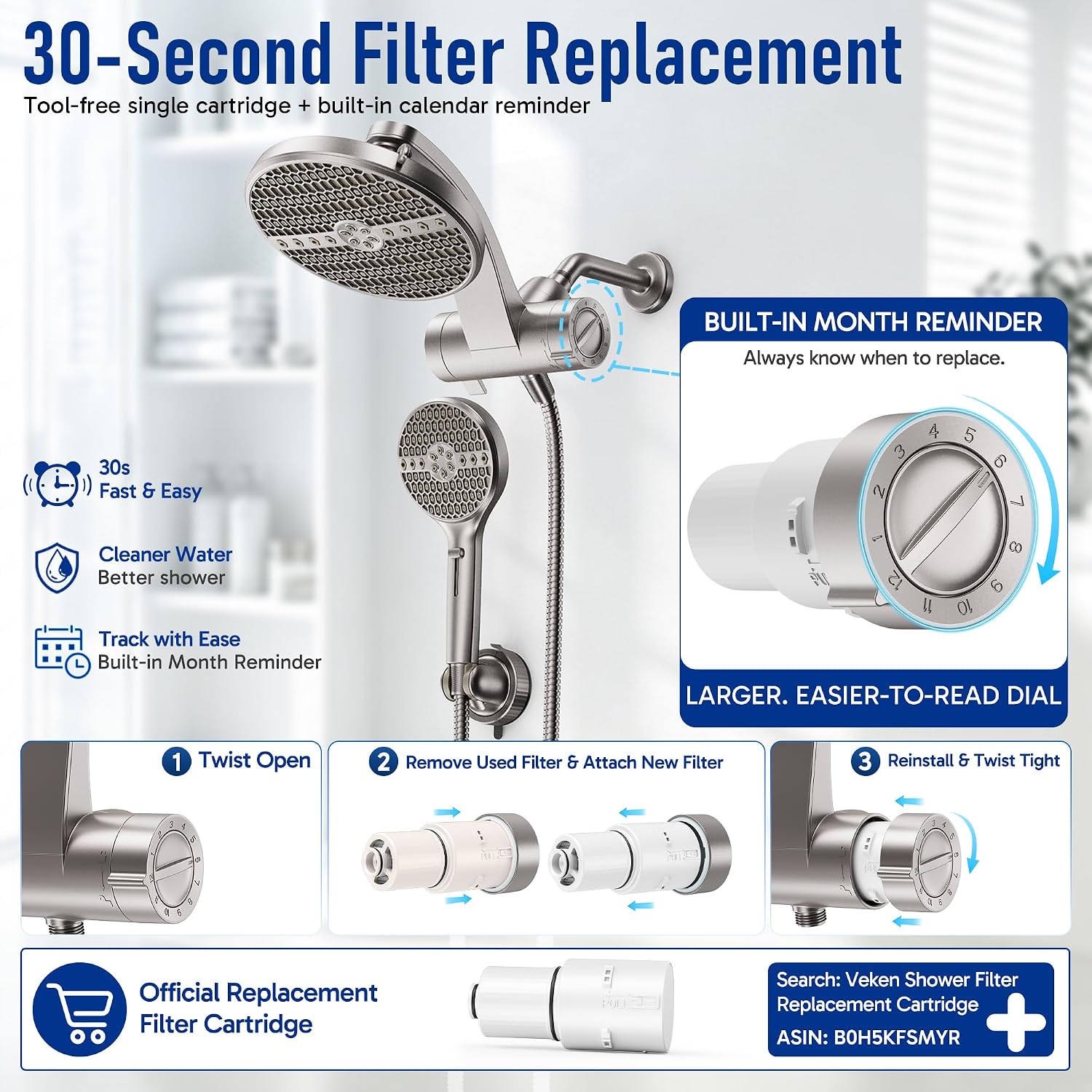 Detalle de Veken SHT3V103 Filtered Shower Head Combo, Nickel, 8-Mode Rain and 9-Mode Handheld