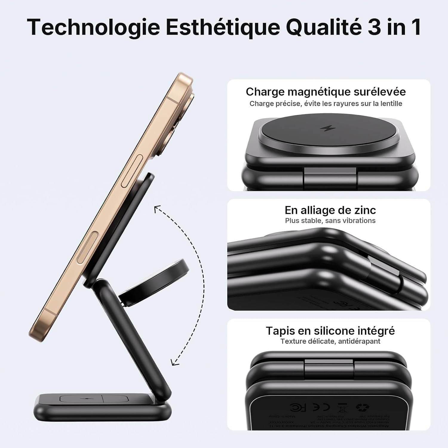 Detalle de Chargeur Induction 3 en 1 Alilong – Aimanté, Alliance Zinc et Voyage Noir
