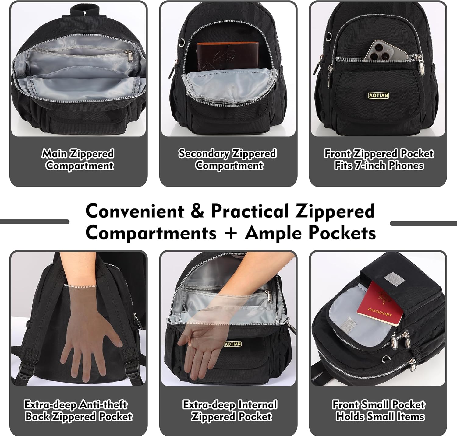 Thumbnail 3 de AOTIAN Nylon Lightweight Sturdy Little Casual Backpack 7 L