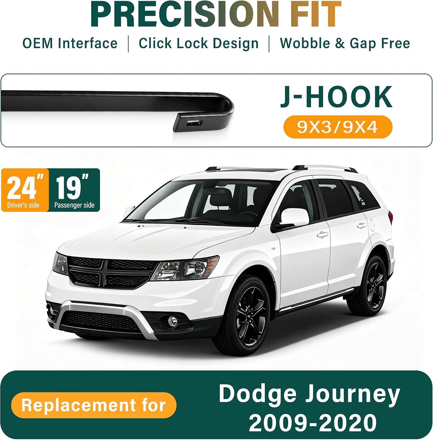 Detalle de KVQ Windshield Wiper Blades for Dodge Journey, 24-, 19-, and 12-Inch Set