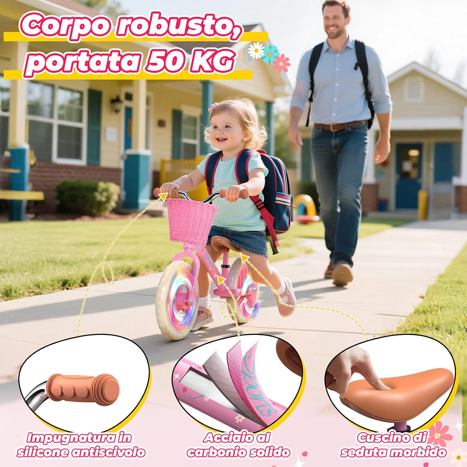 Thumbnail 1 de HappyGoLucky Bici Senza Pedali 2-5 Anni: design floreale, telaio in acciaio al carbonio e ruote luminose con cestino intrecciato