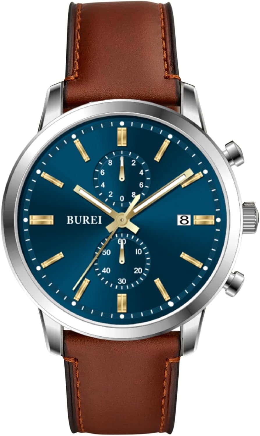 Detalle de BUREI montre chronographe quartz japonaise étanche 3 ATM pour homme à bracelet cuir