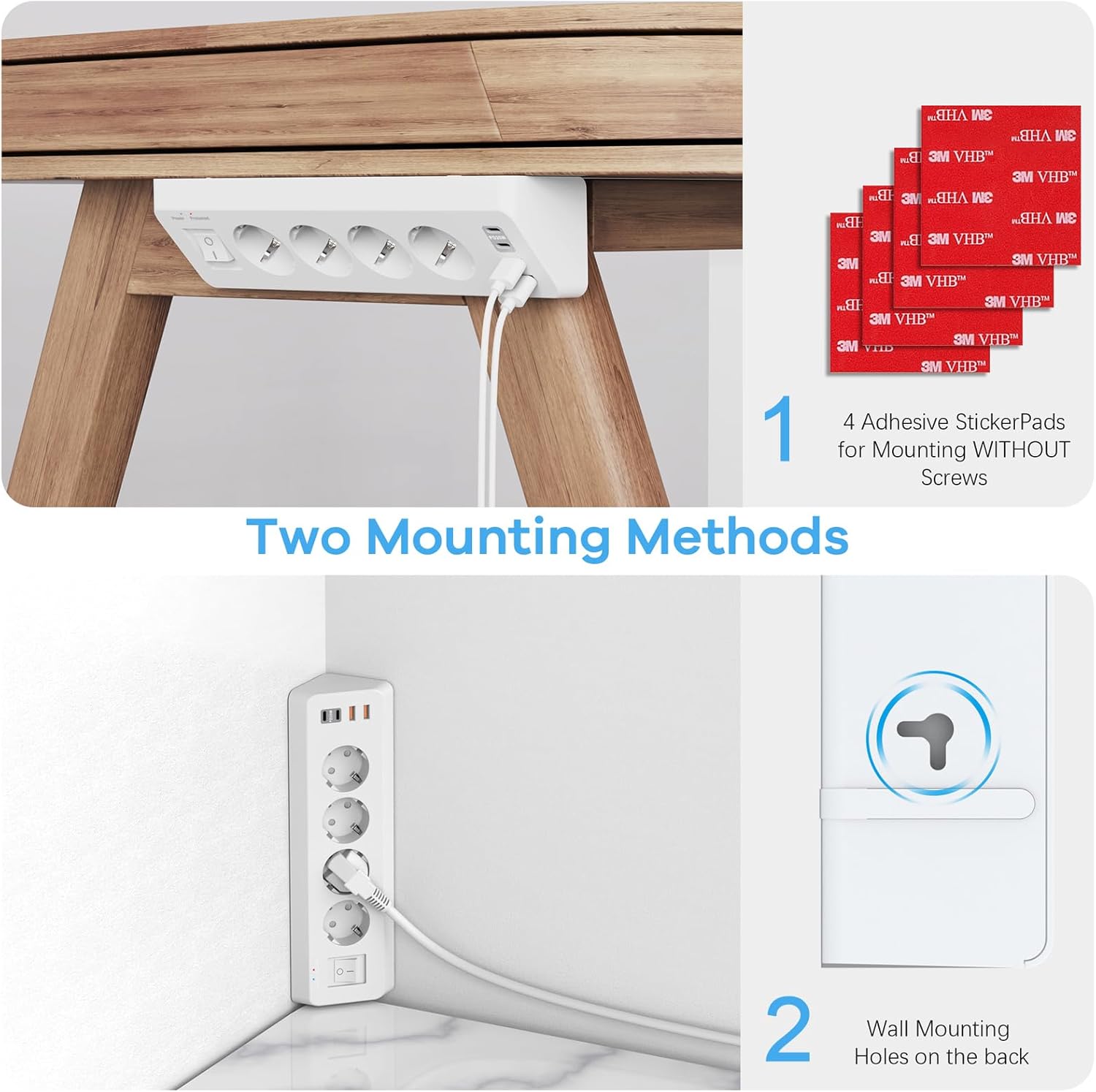 Detalle de SUDEERY 8-in-1 Steckdosenleiste: 4-fach Ecksteckdose mit USB-C PD 20W und USB-A QC 18W