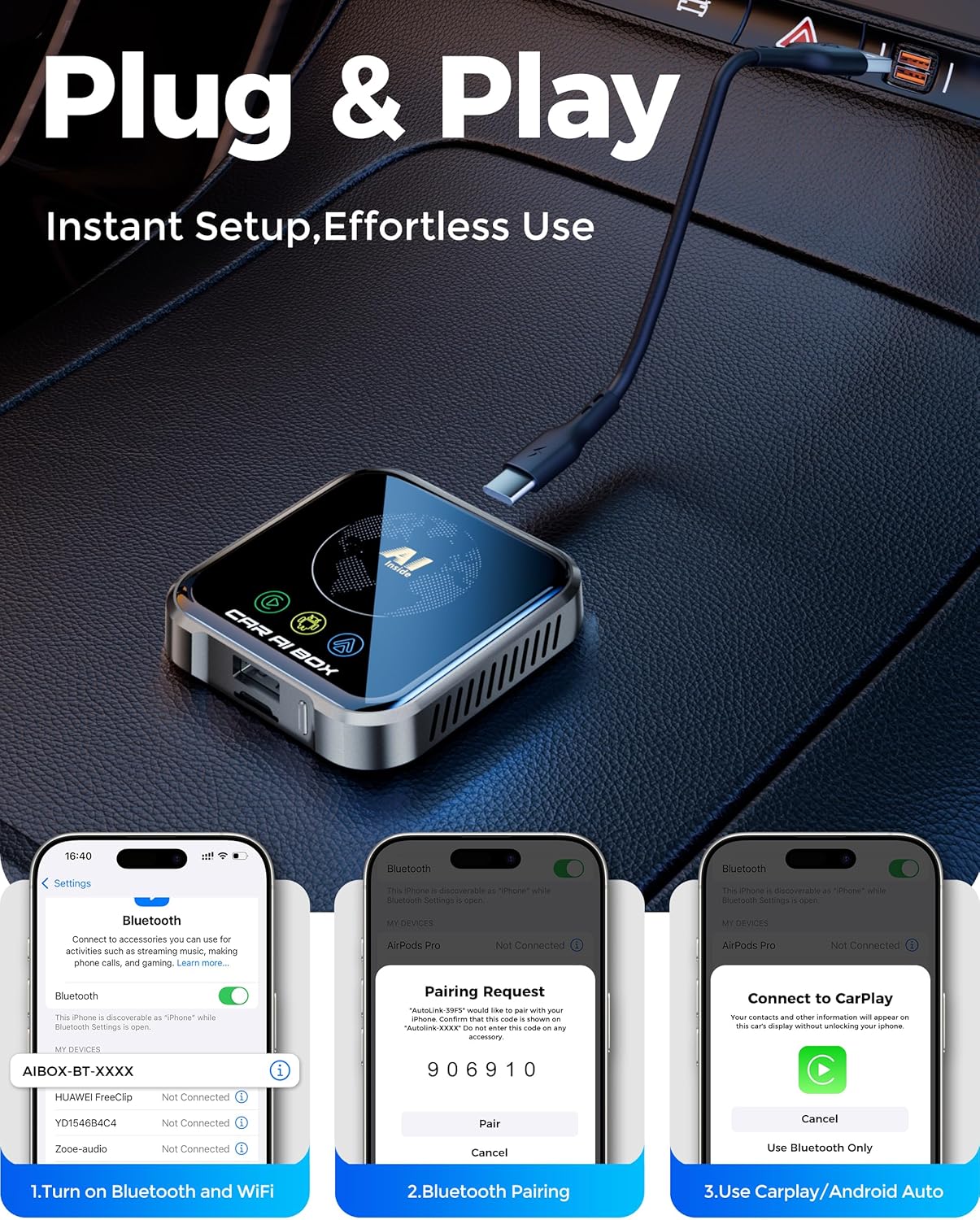 Thumbnail 4 de Magic AI Box Wireless CarPlay Adapter (Wireless CarPlay/Android Auto + Android 10 OS) in Glossy Black