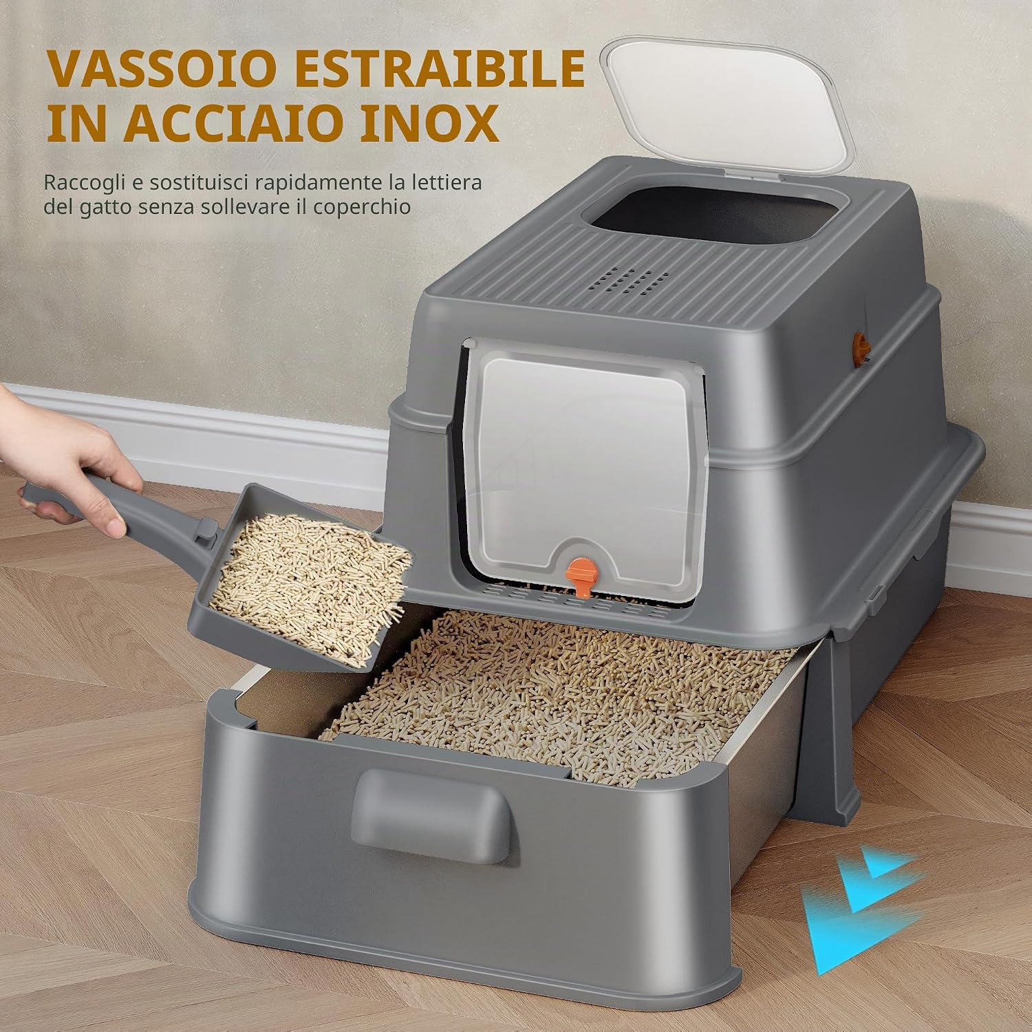 Detalle de Lettiera in acciaio inox Fobyfurny con cassetto e coperchio – XXL 65L x 44I x 40H cm