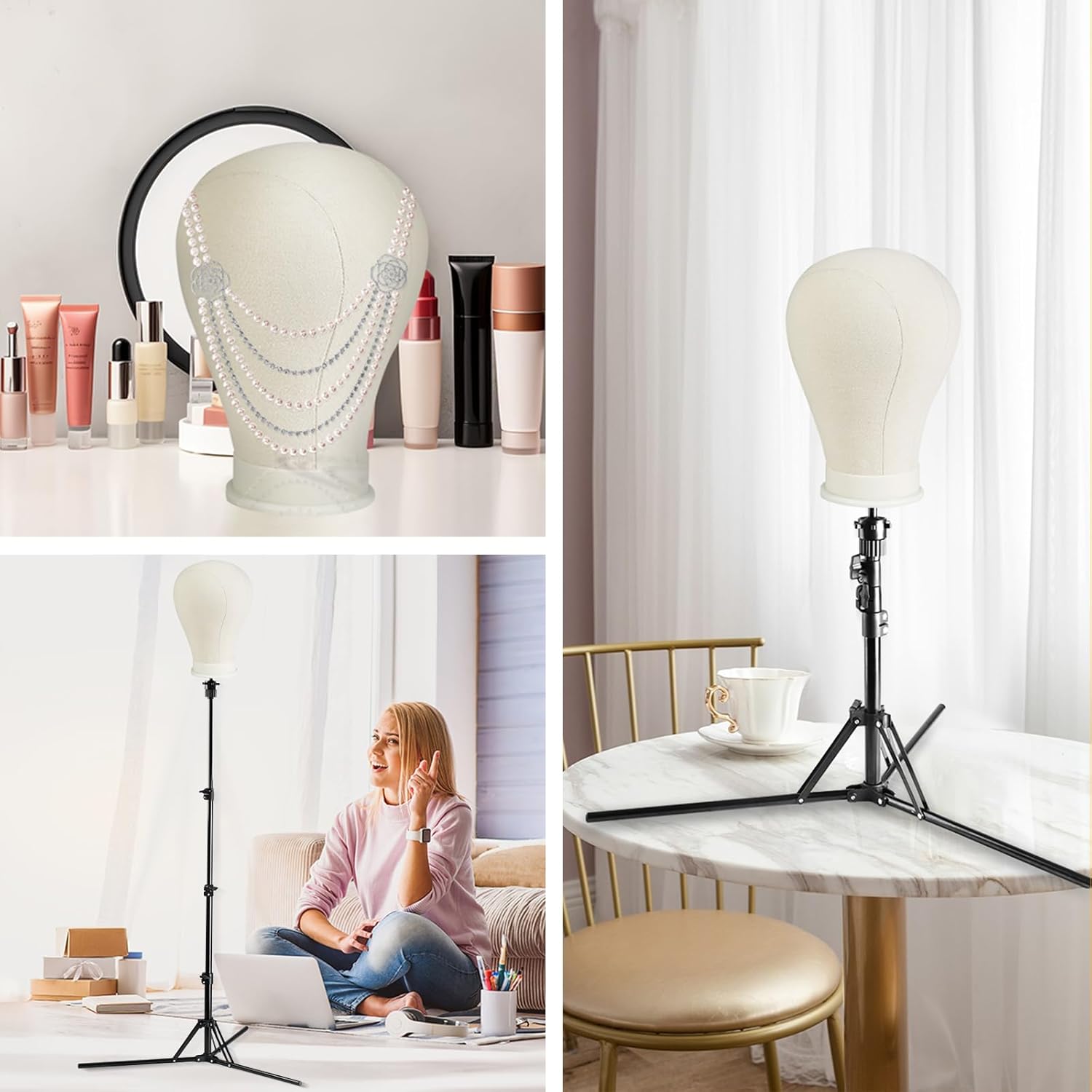 Detalle de 58 cm Perückenkopf-Set mit Ständer und Zubehör – inkl. Tischklemme, Stifte und Haarbürste