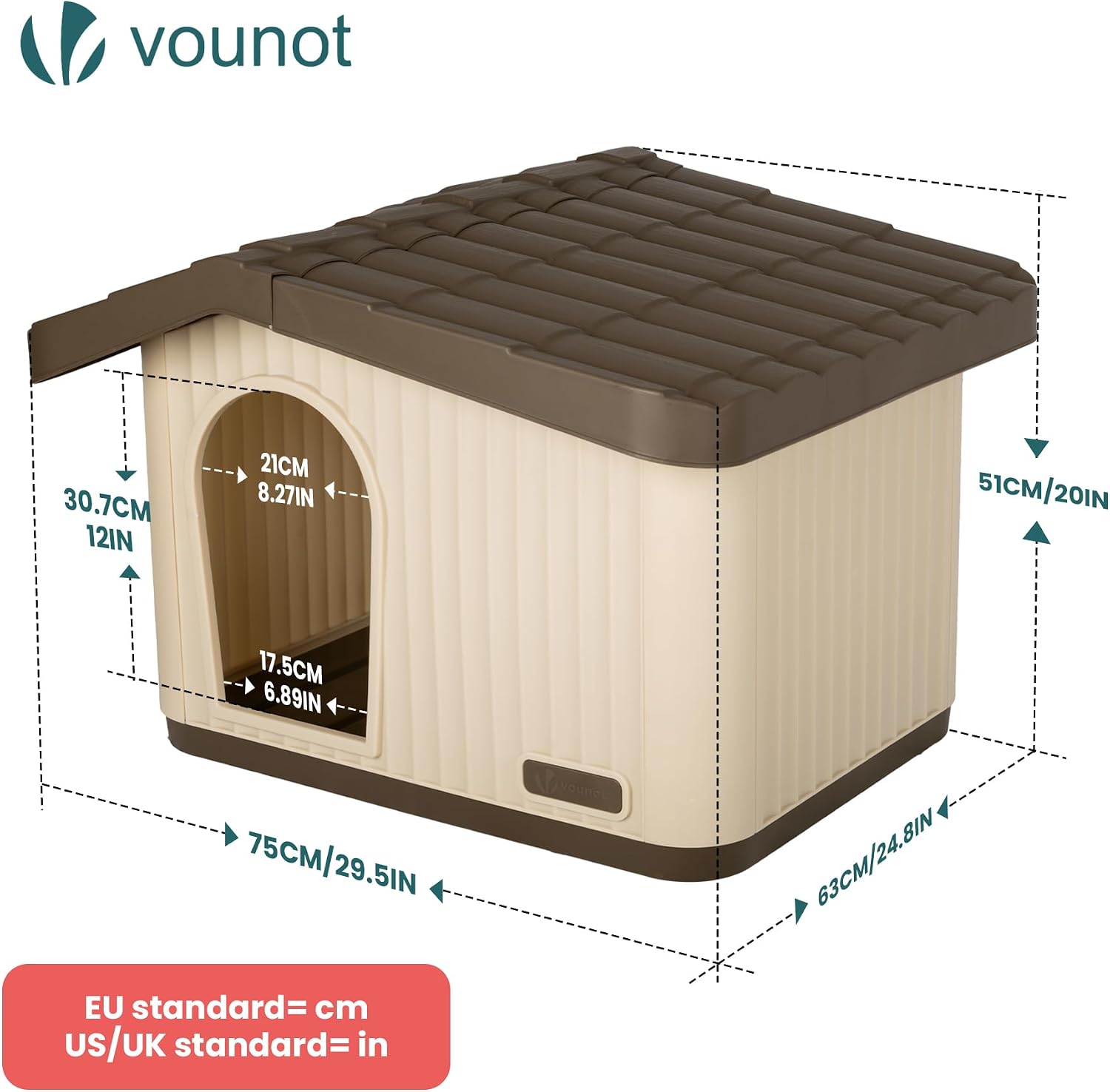 Detalle de VOUNOT Katzenhaus & Hundehütte Indoor Outdoor – wetterfestes Refugium für Katze, Hund oder Kaninchen (75 × 63 × 51 cm)