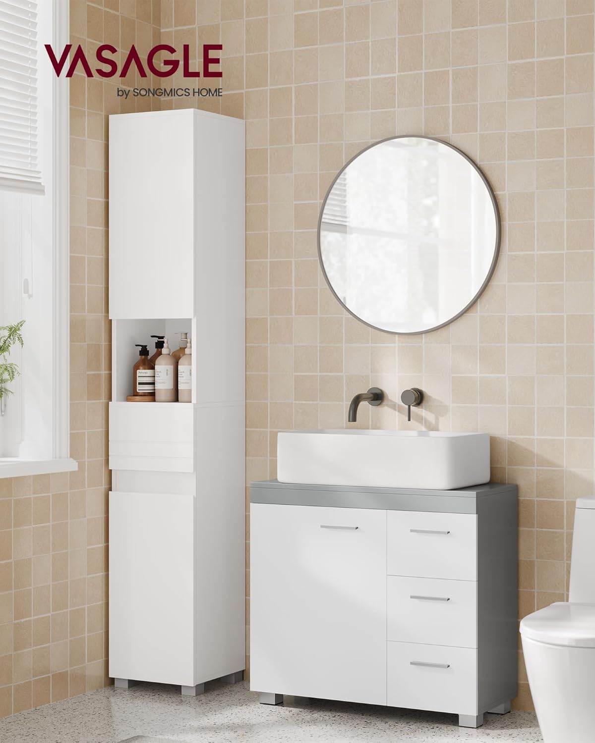 Thumbnail 1 de VASAGLE Mobile sottolavabo per bagno BBK504W02 – Bianco Nuvola e Grigio Tortora, 3 cassetti laterali e 2 scomparti