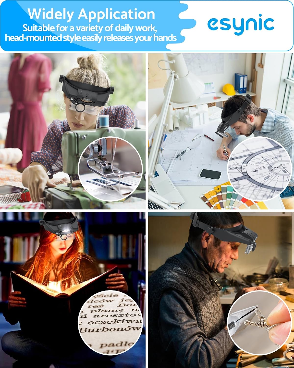 Thumbnail 6 de eSynic Head Magnifying Glass with LED Light: A Practical 5-Lens Headband Magnifier for Reading and Crafts