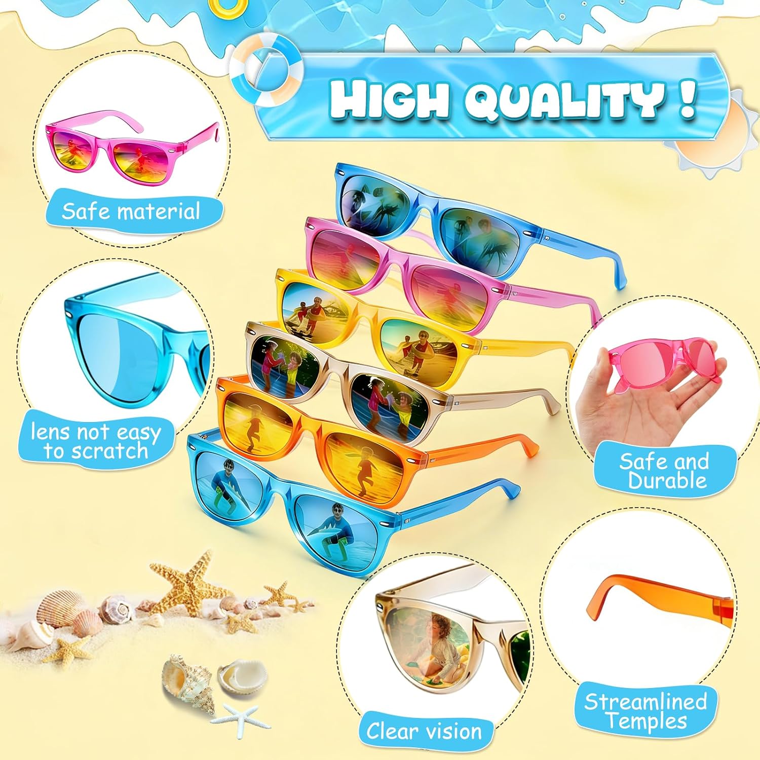 Thumbnail 4 de 36 Pack Kids Neon Sunglasses with UV400 Protection – Polarized, Fun Party Favors for Ages 3–8