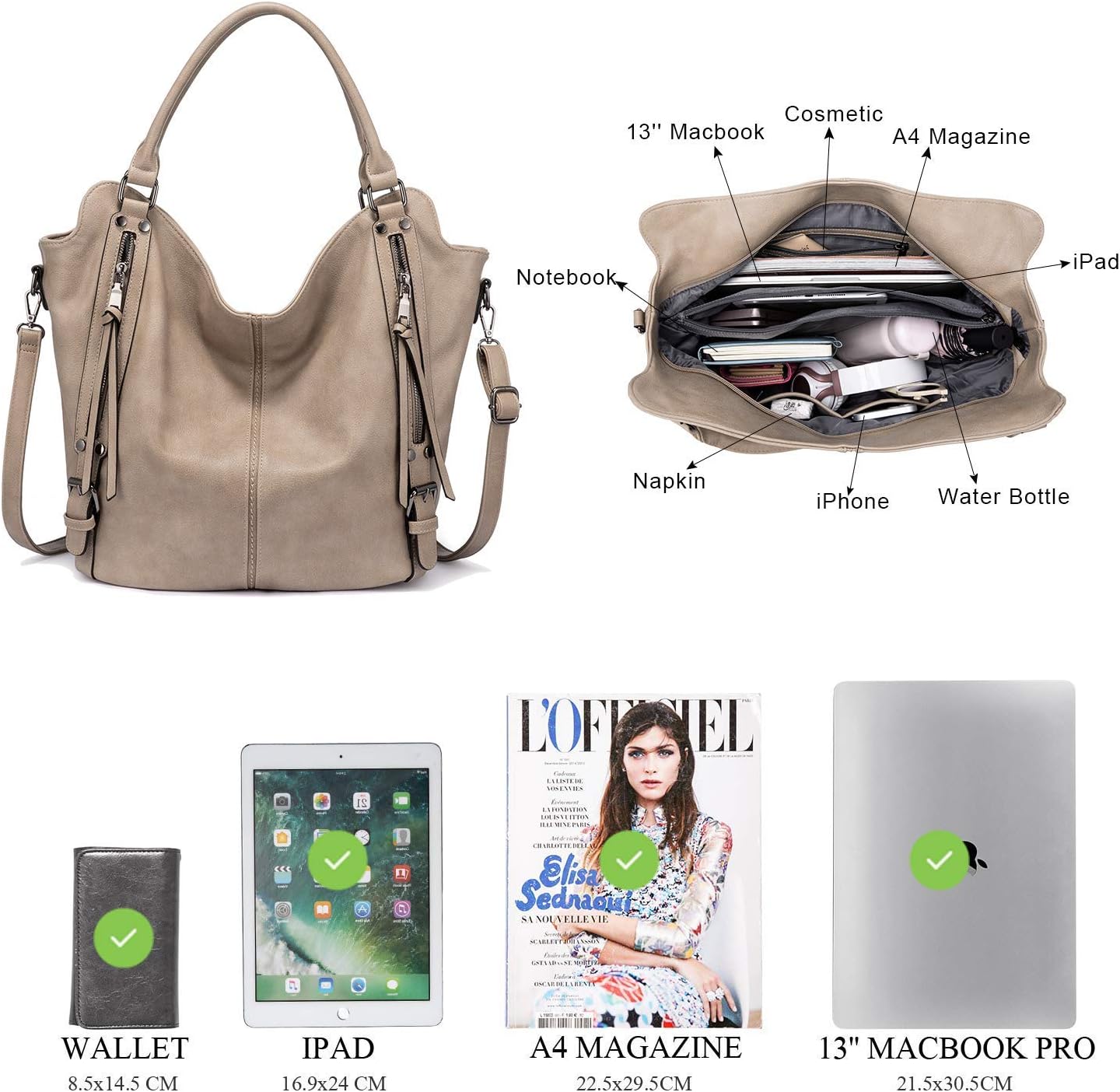 Thumbnail 3 de Realer Borsa Donna Set Grande: Borsa a Mano EcoPelle, Tracolla Regolabile e Clutch in 2 pezzi – Colore Cachi