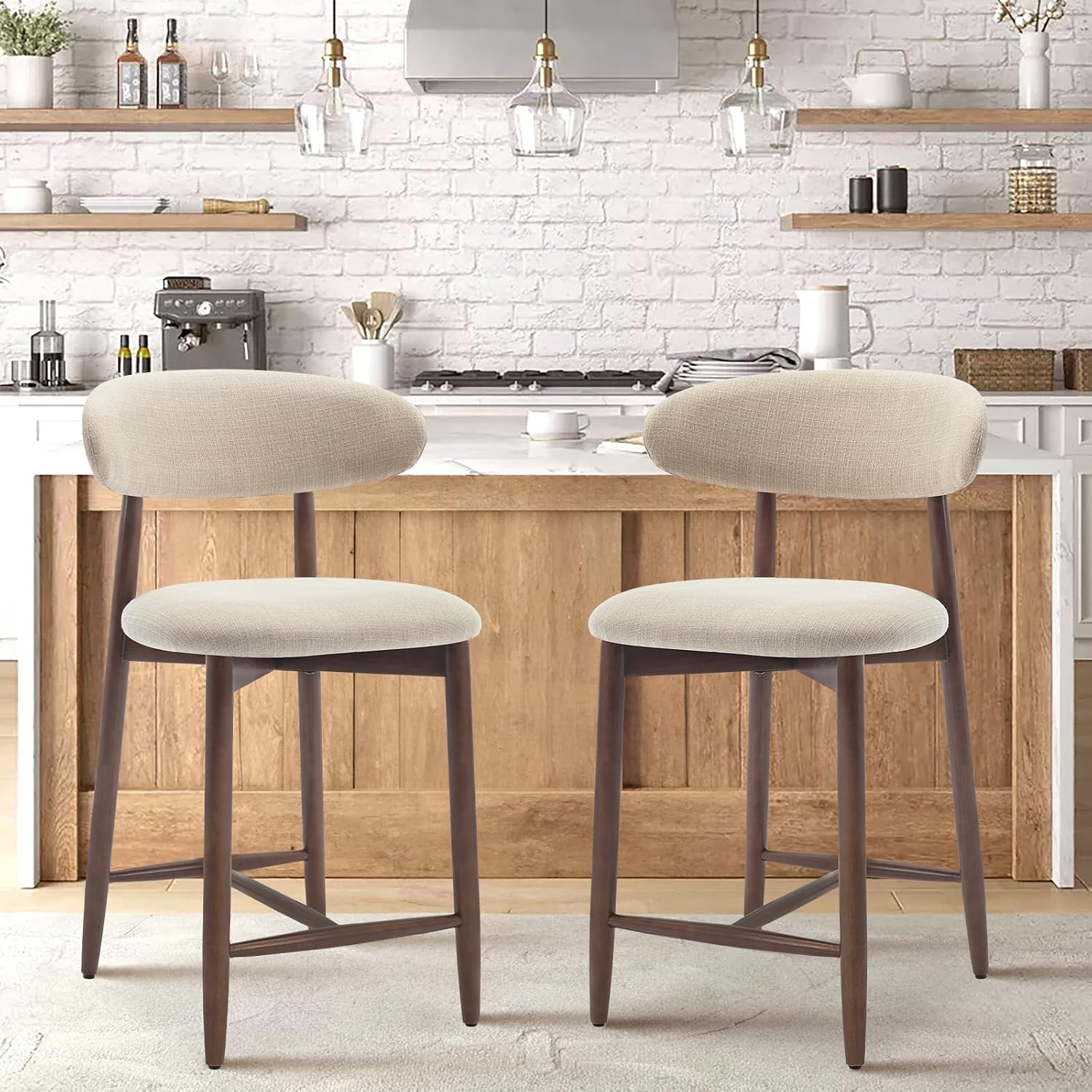 Detalle de COLAMY B6269 Counter-Height Bar Stools, Set of 2, Beige Upholstered Seats