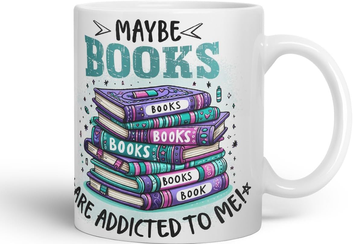 Detalle de Vixar Maybe Books are Addicted to Me Funny 11oz Coloured Mug (Pink) – A Colourful Dose of Bookish Humour