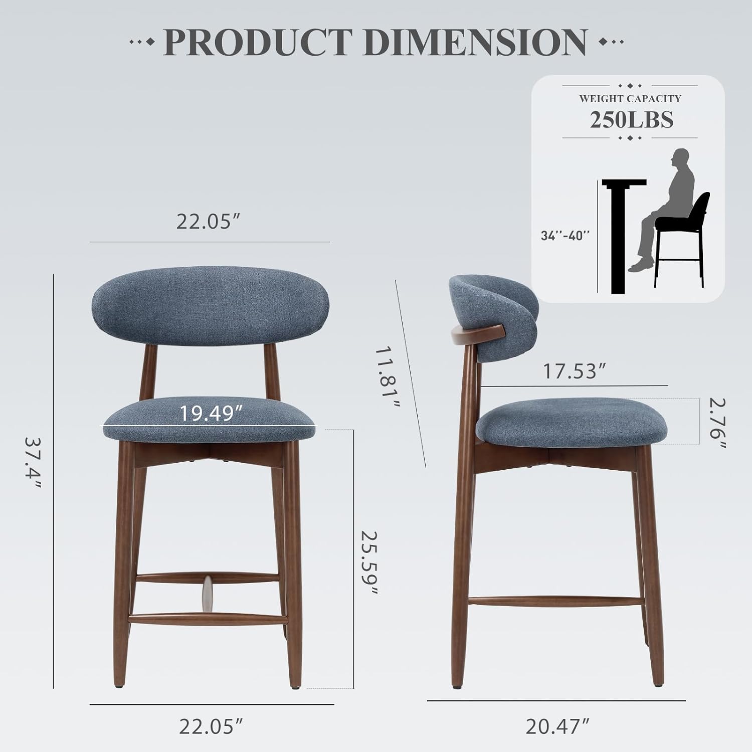 Detalle 2 de COLAMY B6269 Counter-Height Bar Stools, Set of 2, Blue Upholstered Seats