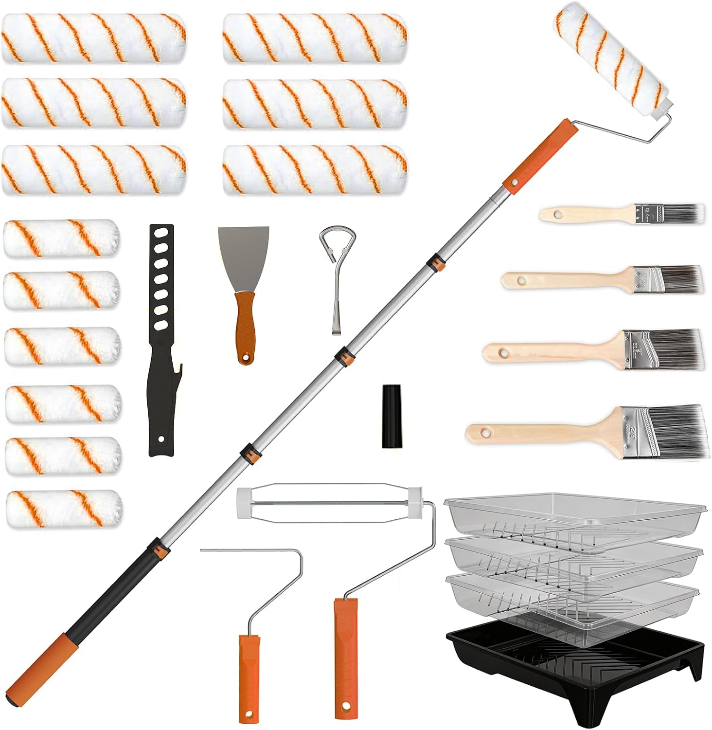 Detalle de SISUPASSIE Paint Roller Set with 0.3-1.3m Extension Pole – 27 Pieces for Walls, Ceilings and Edges