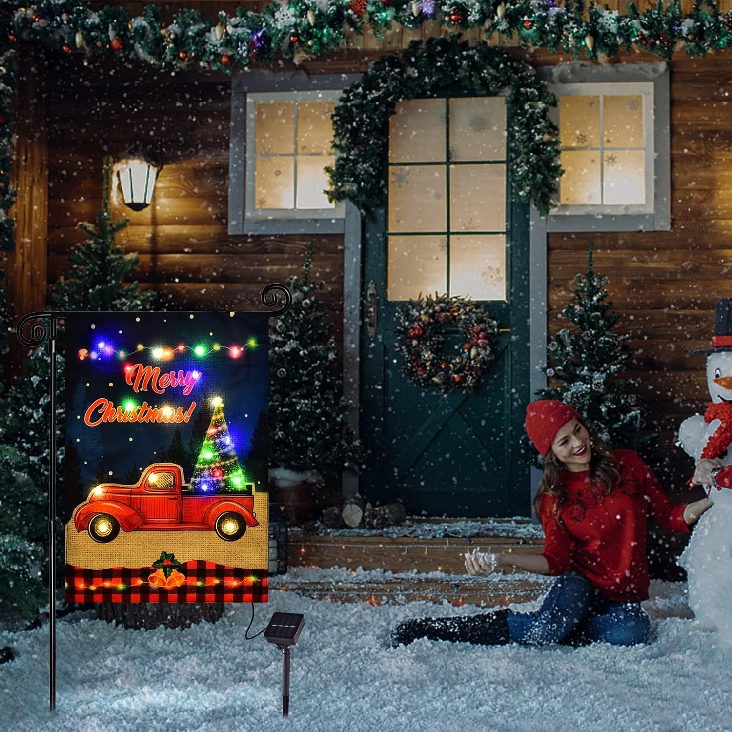 Detalle de FLAGMESAGE 01 Lighted Christmas Truck Garden Flag, Solar, 8 Modes, 12 x 18 In