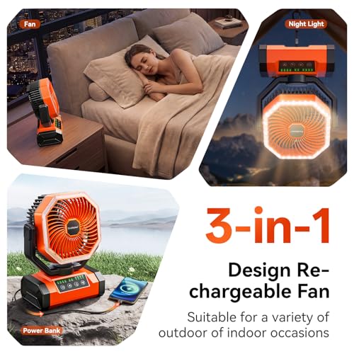 Detalle de Doublepow 20000mAh Camping Fan with LED Light: Portable, Remote-Controlled Oscillating Fan for Outdoor Use