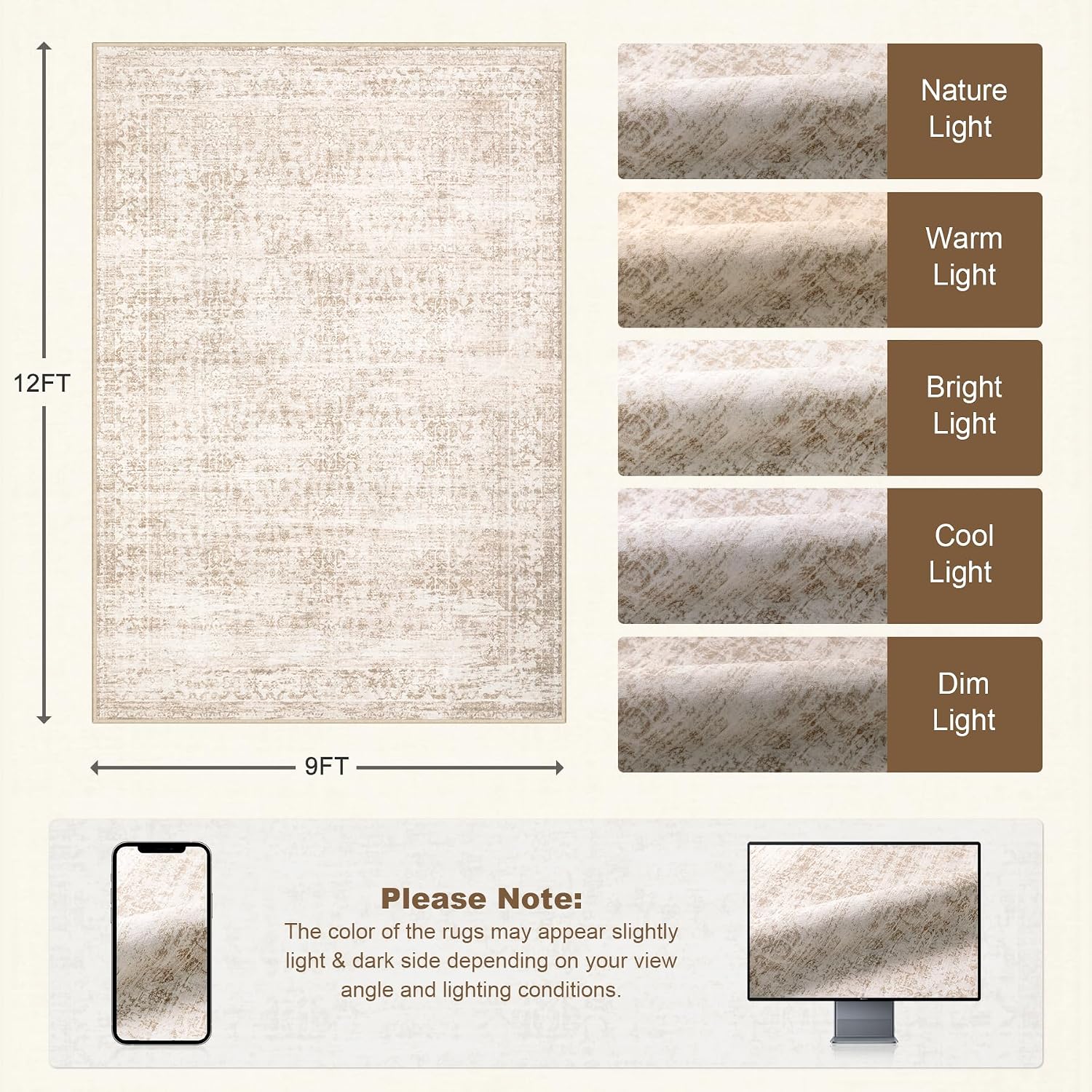 Detalle de ExpediX 9x12 Area Rug, Washable Polyester, Beige Brown Medallion