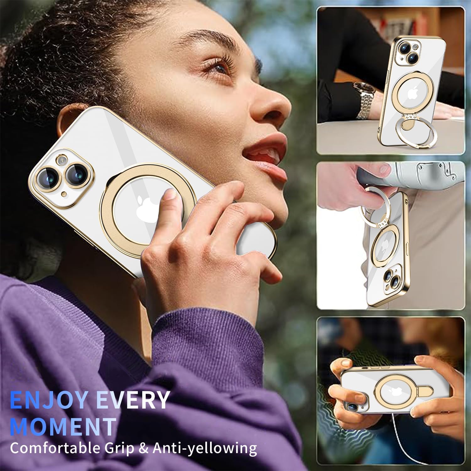 Thumbnail 5 de Pmteyoim Magnetic iPhone 13 Case with Invisible Stand, Full Camera Lens Protector & Military Drop Protection (Clear Slim Gold)