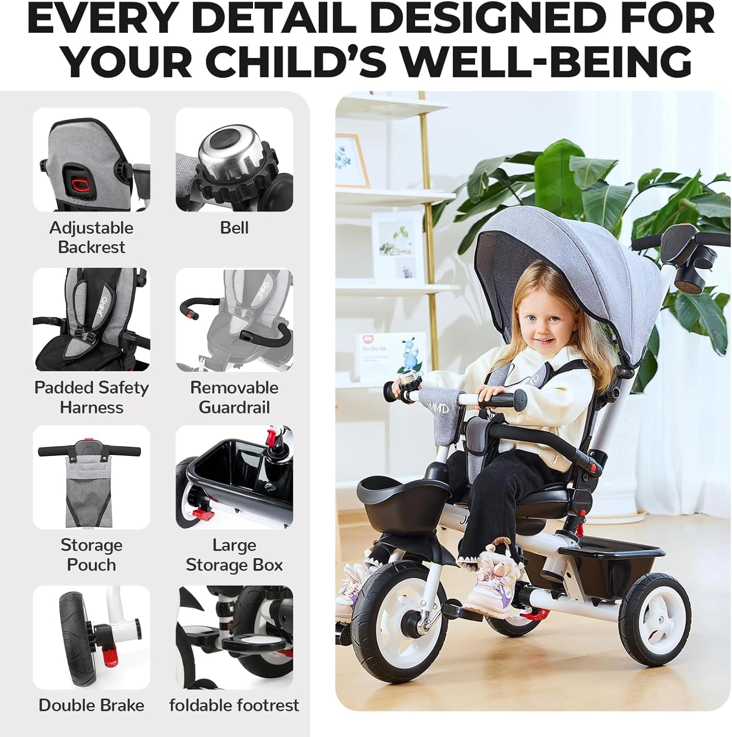 Thumbnail 6 de JMMD 7 in 1 Tricycle Stroller with Push Handle, 360° Swivel Seat, Canopy & Dual Brakes (Gray)