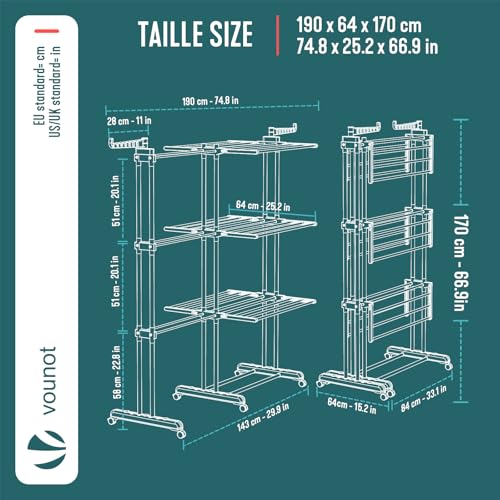 Detalle de vounot Étendoir à Linge Extensible 4 Niveaux 190x64x170 cm – Séchoir Vertical Pliable avec Roulettes et Ailes Latérales