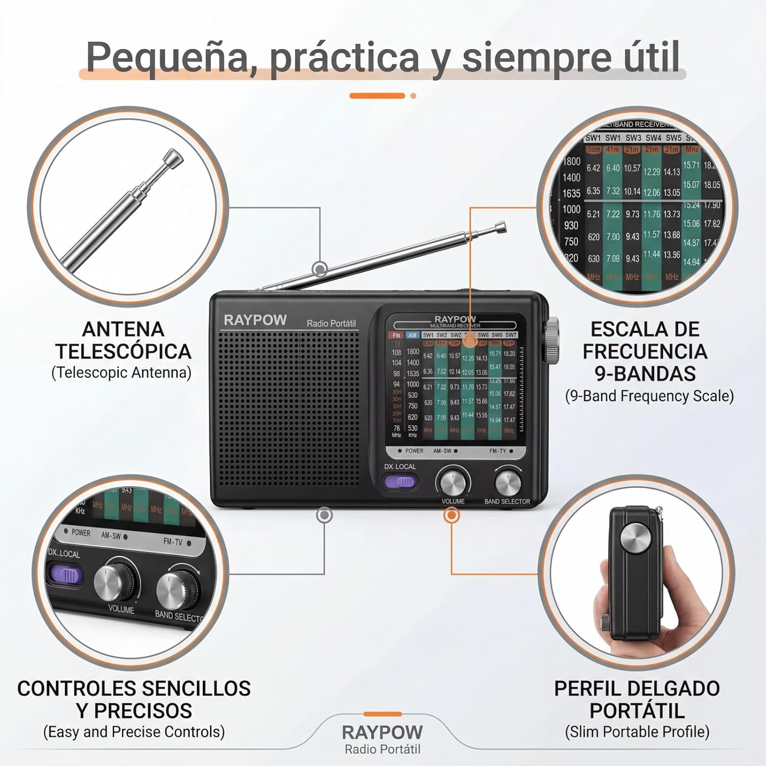 Thumbnail 5 de RAYPOW Raypow Radio Portatile a 9 bande FM/AM/SW1–SW7 con speaker e alimentazione a 2 batterie AA