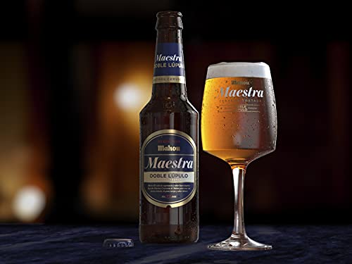 Detalle de Mahou Maestra Doble Lúpulo: pack de 12 latas de 33 cl (7,5% vol), lager tostada de sabor intenso