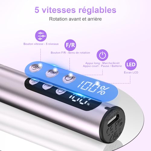 Detalle 2 de POFIBO Ponceuse à ongles sans fil 12-en-1, 35 000 tr/min et écran LCD