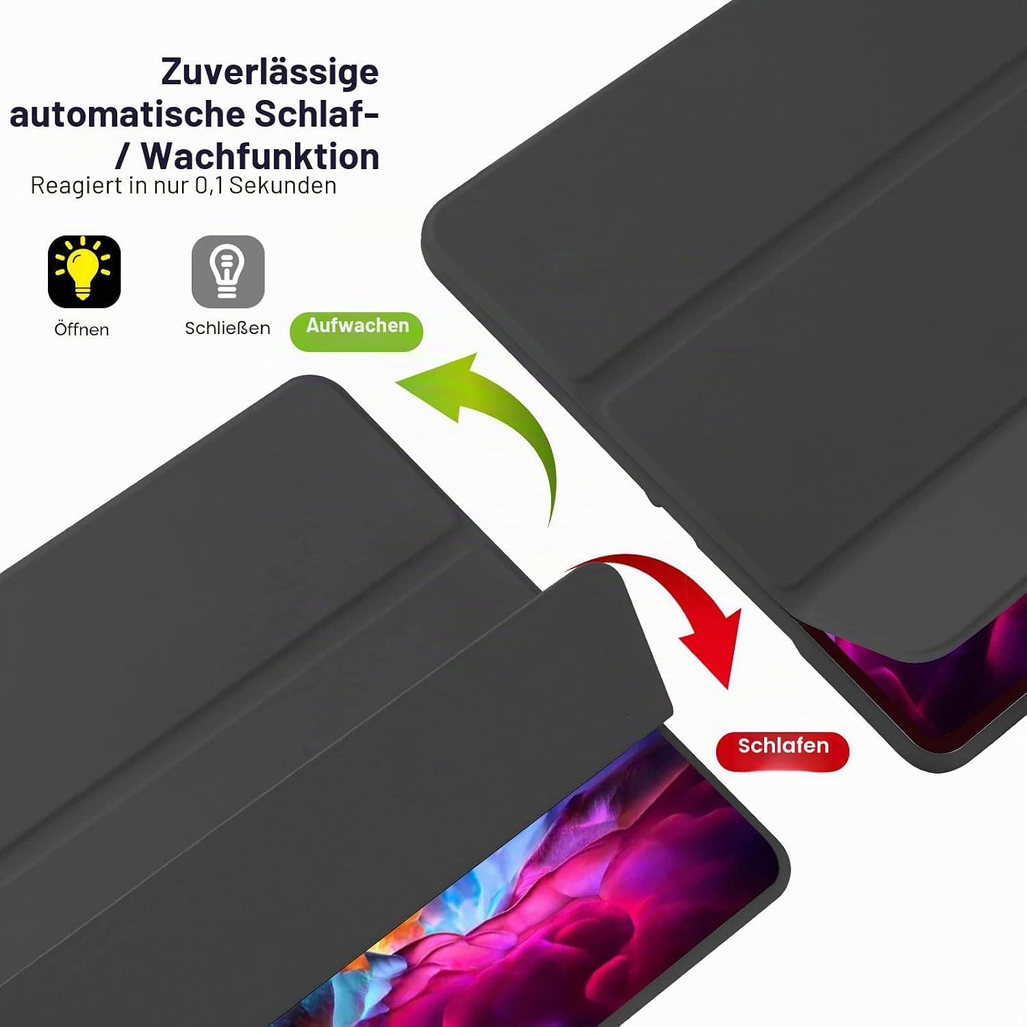 Detalle de Hülle für iPad 9.Gen / 8. Gen / 7. Gen (10,2 Zoll) mit Stifthalter, Trifold-Stand, Auto Schlafen/Wachen – Schwarz